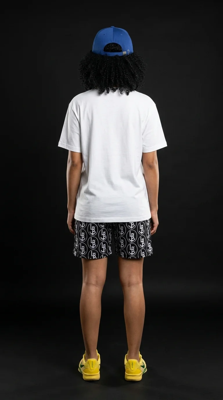 AI lookbook — white tee back view, LB monogram shorts, blue snapback, dark background