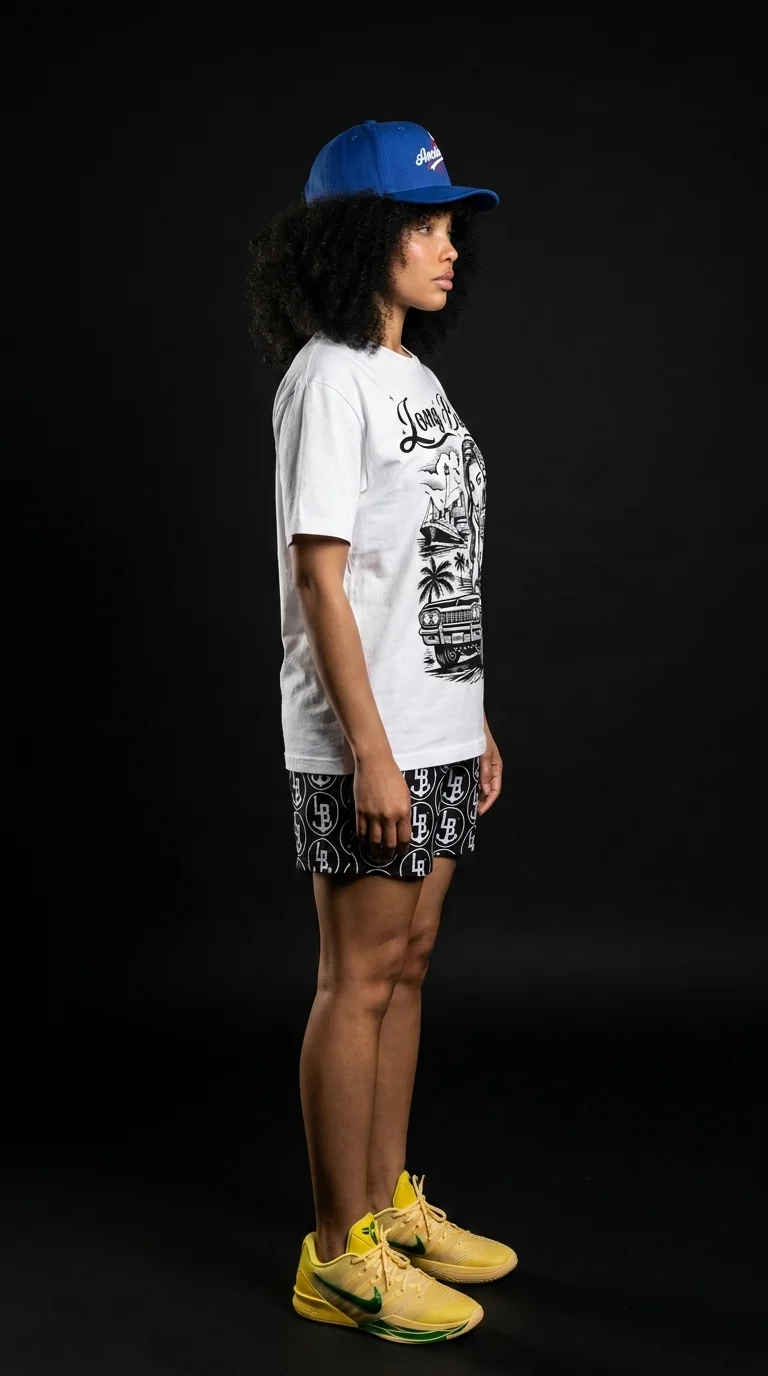 AI lookbook — Long Beach graphic tee right side view, LB monogram shorts, yellow sneakers, dark background