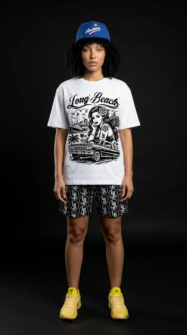 AI lookbook — Long Beach graphic tee front view, LB monogram shorts, blue Anchors snapback, dark background